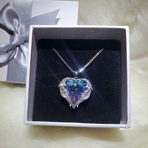 Blue purple crystal heart wing silver set